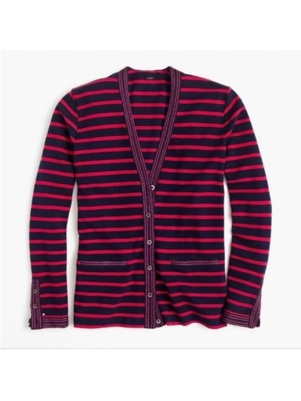 J. Crew Metallic-Trim Striped Cardigan Sweater Sz XS Navy Blue Red Buttoned